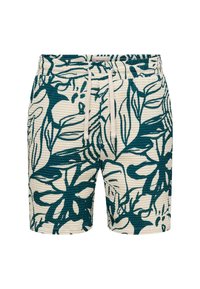Shorts con estampado floral y tejido texturizado en crema y verde azulado oscuro. Cuentan con una cinturilla elástica con cordón para un ajuste ajustable.