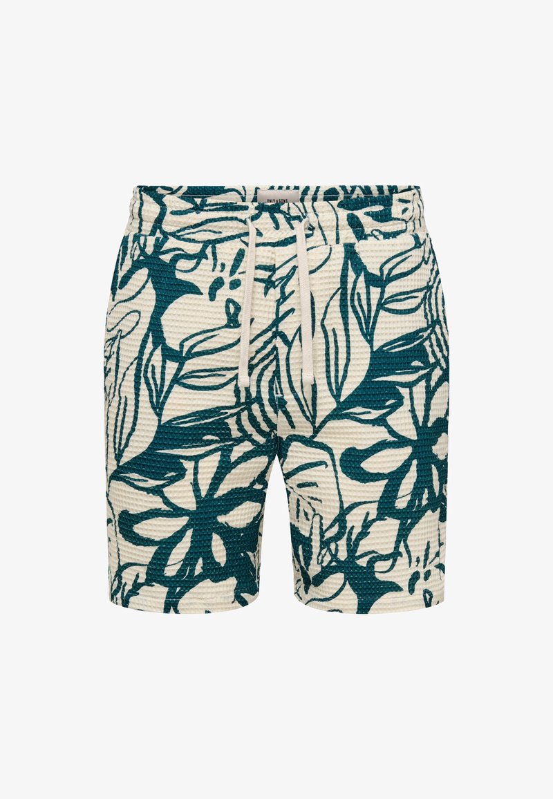 Shorts con estampado floral y tejido texturizado en crema y verde azulado oscuro. Cuentan con una cinturilla elástica con cordón para un ajuste ajustable.