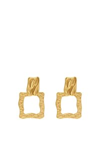 Goldfarbene Ohrringe mit einem strukturierten quadratischen Design, das mit gehämmerten Akzenten und glatten, abgerundeten oberen Verbindungsstücken versehen ist.