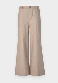 Beige wide-leg trousers made from a textured fabric. Features a button closure, belt loops, and a tailored fit with a clean, finished hem.