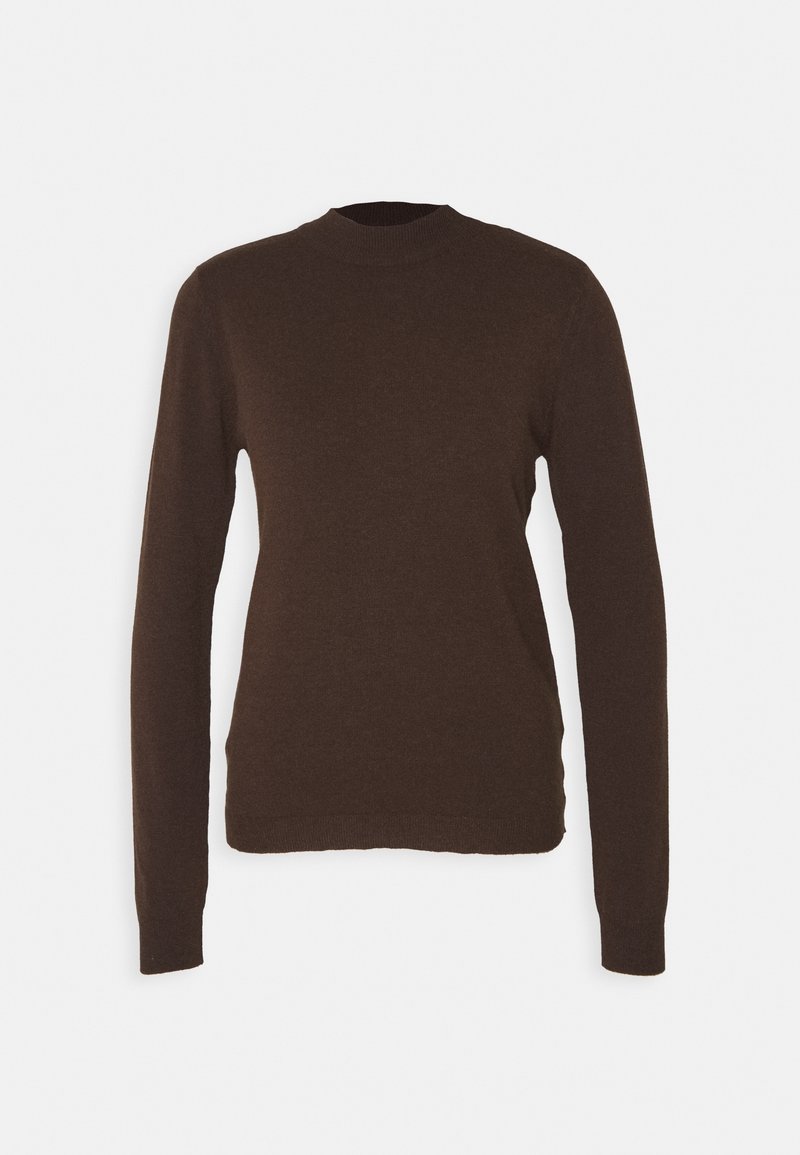 Pull marron foncé à manches longues et col rond, silhouette ajustée, présenté sur un fond blanc uni.