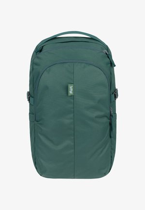 Green fabric backpack with multiple compartments, smooth zippers, side pockets, and a top handle. Features a rectangular shape and durable material.