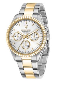 Silberne und goldene Edelstahl-Uhr mit strukturiertem Zifferblatt, goldenen Akzenten, drei Unterzifferblättern und einer gezahnten Lünette, wasserdicht bis 100 Meter.