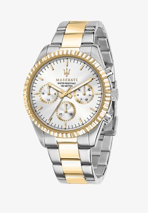 Orologio in acciaio inox argentato e dorato con quadrante testurizzato, dettagli dorati, tre sottodial e ghiera seghettata, resistente all'acqua fino a 100 metri.