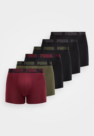 Five pairs of Puma boxer briefs in black, olive green, and burgundy, arranged diagonally, showing branded waistbands.