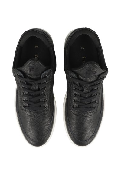 Black leather sneakers with textured upper, round toe, white sole, and black laces. Brand logo embossed on tongue. Size 42 visible inside.