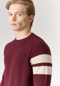 Maglione di lana bordeaux con collo rotondo, caratterizzato da righe color avorio sulle maniche e un piccolo logo ricamato sul petto.