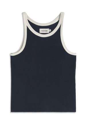 Débardeur sans manches bleu marine avec bordure blanche autour du col et des emmanchures, tissu côtelé, et étiquette à l'intérieur du col.