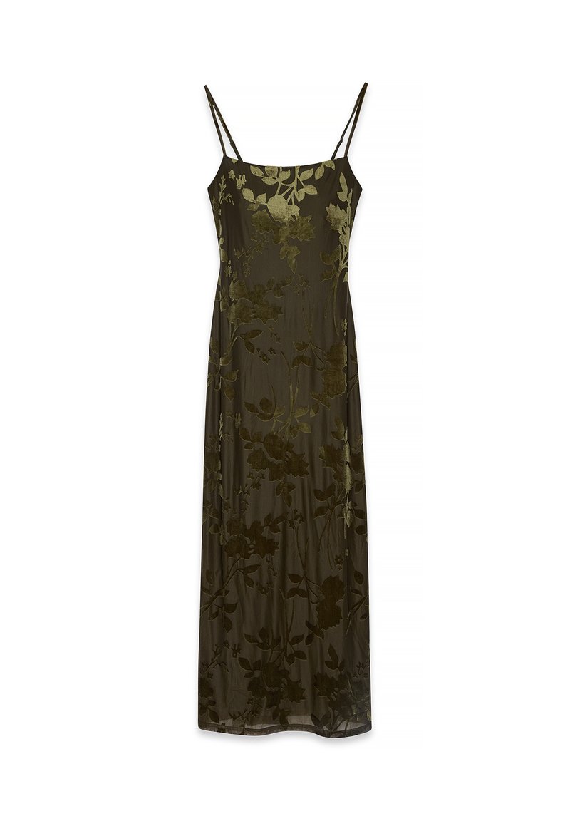 Olive green floral slip dress made of sheer fabric. Features thin straps and a fitted bodice, with a flowing, floor-length design.