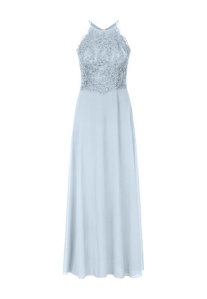 Jasnoniebieska sukienka do ziemi z dekoltem halter, ozdobionym koronką tułowiem z misternym haftem oraz zwiewną, przezroczystą spódnicą.