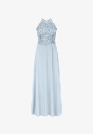 Jasnoniebieska sukienka do ziemi z dekoltem halter, ozdobionym koronką tułowiem z misternym haftem oraz zwiewną, przezroczystą spódnicą.