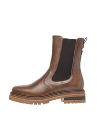 Bottine en cuir marron avec panneau latéral élastique, bout arrondi et semelle en caoutchouc. Présente un talon et une languette à l'arrière pour un enfilage facile.