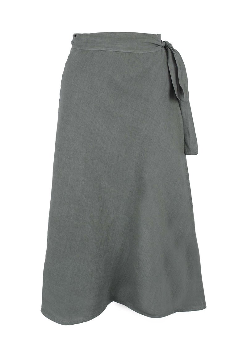 Gonna avvolgente in lino grigio con una fascia laterale, caratterizzata da una silhouette fluente e una superficie leggermente texturizzata. Cade sotto il ginocchio.