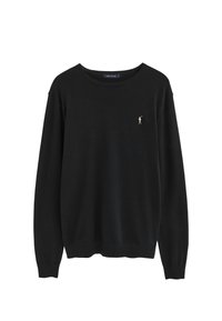 Schwarzer Rundhalspullover mit langen Ärmeln, gerippten Bündchen und Saum sowie einem kleinen, gestickten Polo-Spieler-Logo auf der linken Brust.