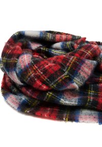 Sciarpa a quadri rossa, nera e blu in morbida lana con bordi sfrangiati, che presenta un aspetto testurizzato e accogliente, ideale per il clima freddo.