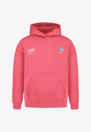 Korallenrosa Hoodie mit vorderer Kängurutasche, weißem "smildox EST. SINCE 2013" Schriftzug auf der linken Brust und einem kleinen blau-roten-weißen Logo auf der rechten Brust.