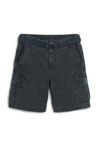 Cargo shorts i mørkegrå stof med flere lommer, et bælte i taljen og en afslappet pasform med synlige syningsdetaljer.