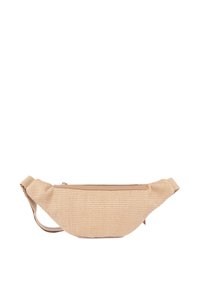Sac ceinture en tissu beige tissé avec compartiment principal zippé et sangle ajustable, isolé sur fond blanc.