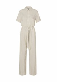 Mono de lino en beige claro, con mangas cortas, cuello, dos bolsillos en el pecho y un cinturón ajustable en la cintura, con piernas amplias.
