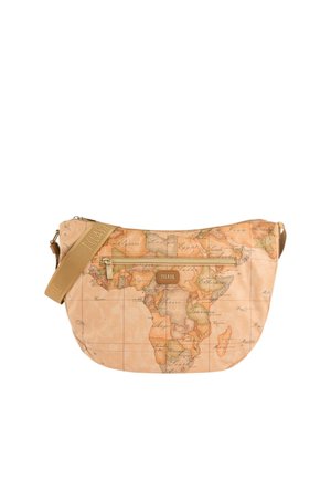 Borsa a tracolla beige con stampa di una mappa antica dell'Africa, dotata di una tasca frontale con zip e tracolla regolabile abbinata.