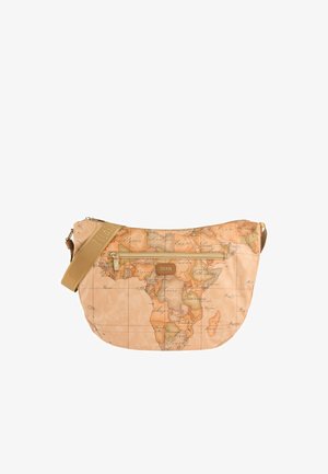 Borsa a tracolla beige con stampa di una mappa antica dell'Africa, dotata di una tasca frontale con zip e tracolla regolabile abbinata.