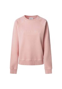 Felpa rosa chiaro con scollatura a girocollo, maniche raglan, polsini e orlo a coste, con branding in rilievo sulla parte anteriore.