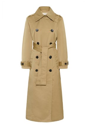 Dlouhý béžový dvouřadý trenčkot s černými knoflíky, širokým límcem, páskem v pase a knoflíky na manžetách, zobrazený na bílém pozadí.