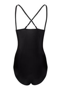 Schwarzer Einteiler-Badeanzug mit dünnen Trägern, der ein X-förmiges Rückendesign aufweist und aus glattem, dehnbarem Material für Komfort besteht.