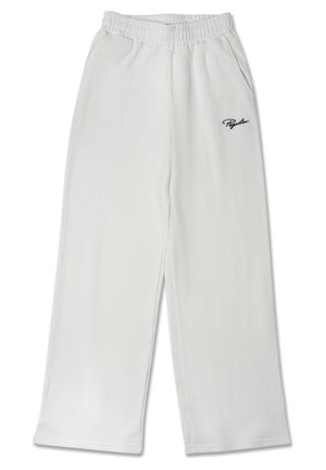 Pantaloni bianchi a coste, a gamba larga, con cintura elastica. Presentano un logo ricamato nero sulla parte anteriore. Texture liscia, senza tasche visibili.