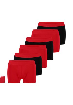 Sæt med seks boxershorts i rød og sort. Elastiske linninger, blødt stof og tætsiddende design. Blandede farver, tre par af hver farve.