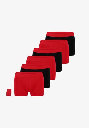 Satz von sechs Boxershorts in Rot und Schwarz. Elastische Taillenbänder, weicher Stoff und tailliertes Design. Farbverteilung: drei Paar in jeder Farbe.