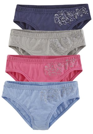 Four pairs of women's cotton briefs in navy, gray, pink, and light blue, each featuring silver floral embroidery along the waistband.