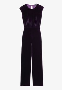 Pälsig lila jumpsuit med korta ärmar, cinchad midja och vida ben. Har en nyckelhålsknäppning i ryggen och en slät textur.