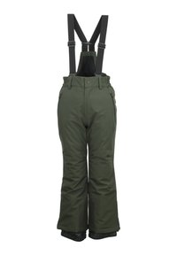 Pantalons de neige isolés verts avec bretelles noires réglables, dotés de poches latérales zippées et d'ourlets renforcés pour plus de durabilité.
