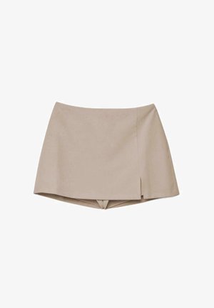 Beige mininederdel med en subtil frontslids og indbyggede shorts under, designet til afslappet eller semiformal brug.