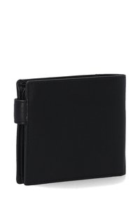 Zwarte leren portemonnee met een minimalistisch ontwerp, voorzien van een gladde textuur, gevouwen vorm en subtiele stikdetails.