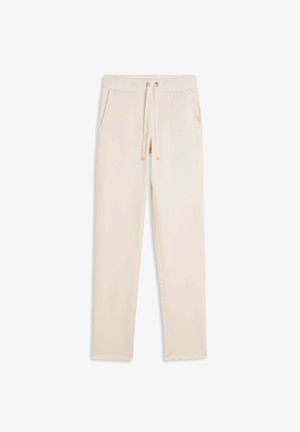 Pantaloni tuta beige con vita elasticizzata, tasche frontali e chiusura con cordino, esposti piatti su uno sfondo bianco.