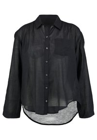 Black sheer long-sleeve shirt with a button-up front, single chest pocket, and rounded hem. Features subtle texture and lightweight fabric.