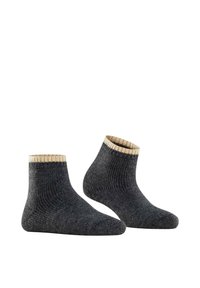 Dark gray ankle socks with a ribbed texture and a contrasting cream-colored cuff. Features a short, fitted design for comfort.
