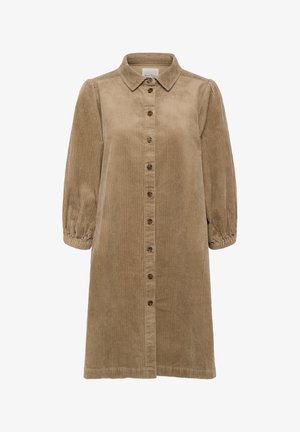 Braunes Corduroy-Kleid mit Kragen, Knopfleiste und Dreiviertelärmeln. Verfügt über eine gerippte Textur und elastische Bündchen.