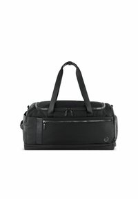 Sac de sport noir fabriqué en matériau durable, avec des poignées supérieures doubles, des compartiments zippés et des accents texturés pour la fonctionnalité.