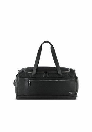Sac de sport noir fabriqué en matériau durable, avec des poignées supérieures doubles, des compartiments zippés et des accents texturés pour la fonctionnalité.