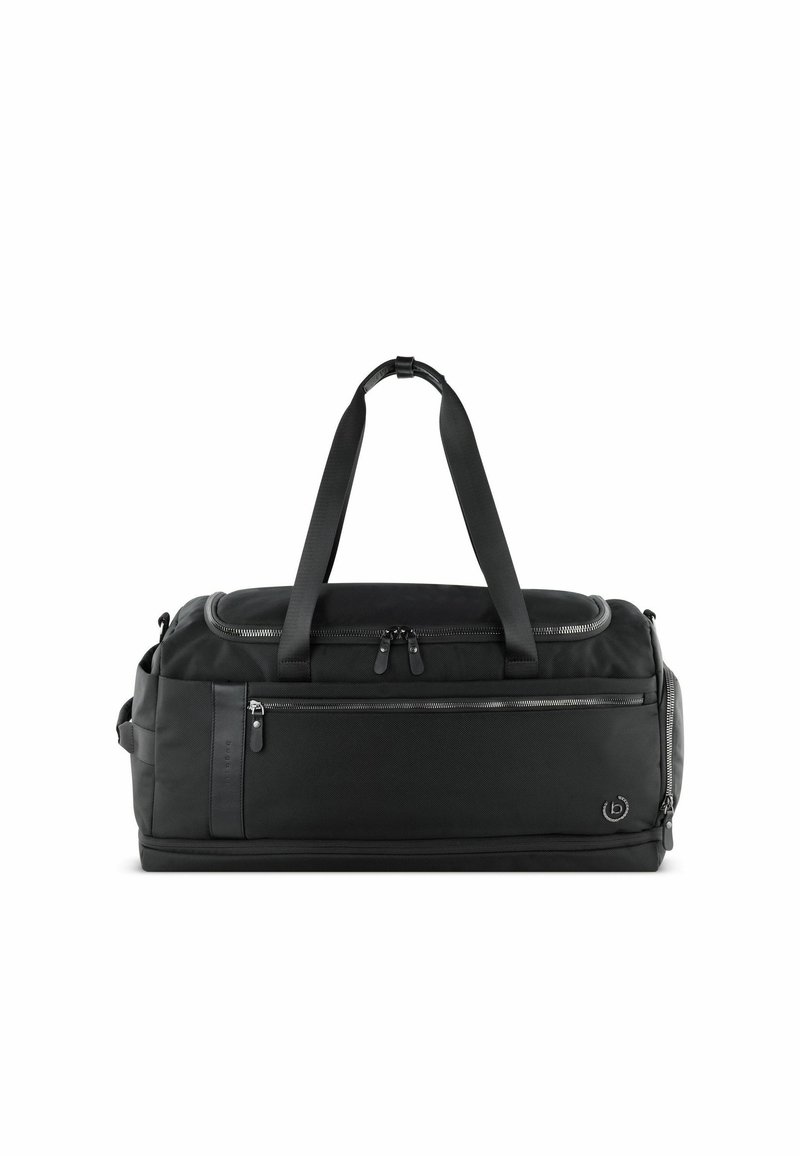 Sac de sport noir fabriqué en matériau durable, avec des poignées supérieures doubles, des compartiments zippés et des accents texturés pour la fonctionnalité.
