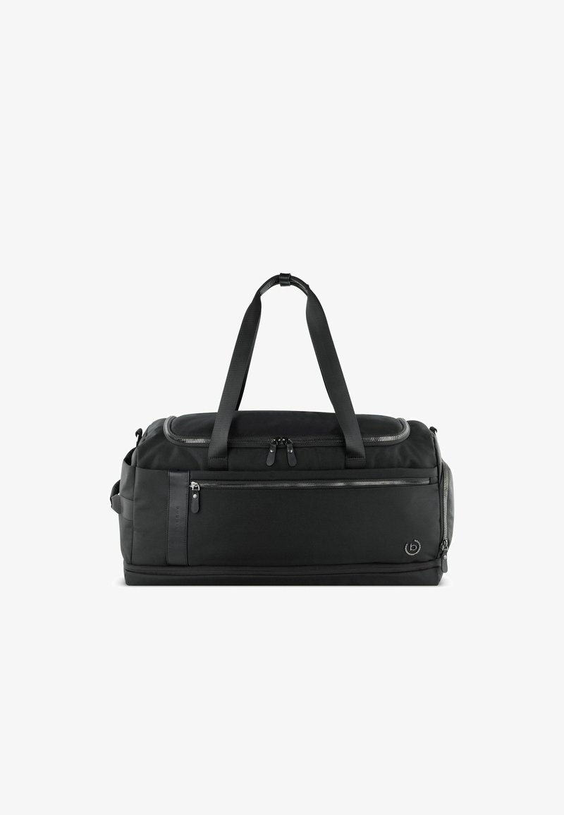 Sac de sport noir fabriqué en matériau durable, avec des poignées supérieures doubles, des compartiments zippés et des accents texturés pour la fonctionnalité.