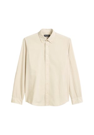 Lichtbeige knoopshirt met een kraag, lange mouwen en een rechte zoom. Gemaakt van textuurstof met subtiele naden en een label.