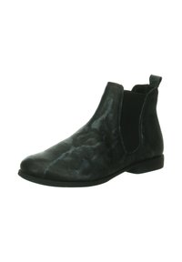 Schwarze Chelsea-Stiefel aus strukturiertem Leder mit elastischen Seitenteilen, einer runden Zehenpartie und einer Zuglasche an der Rückseite. Flache Sohle.