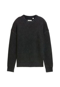 Schwarzer gerippter Strickpullover mit Rundhalsausschnitt, überschnittenen Schultern und langen Ärmeln. Weiche Textur und taillierter Saum.