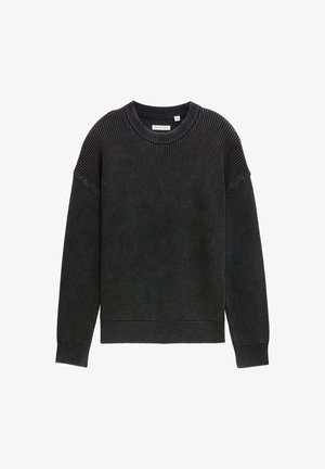 Maglione nero a coste con collo a giro, spalle cadenti e maniche lunghe. Texture morbida e dettaglio dell'orlo aderente.