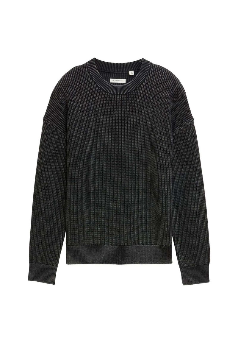 Schwarzer gerippter Strickpullover mit Rundhalsausschnitt, überschnittenen Schultern und langen Ärmeln. Weiche Textur und taillierter Saum.