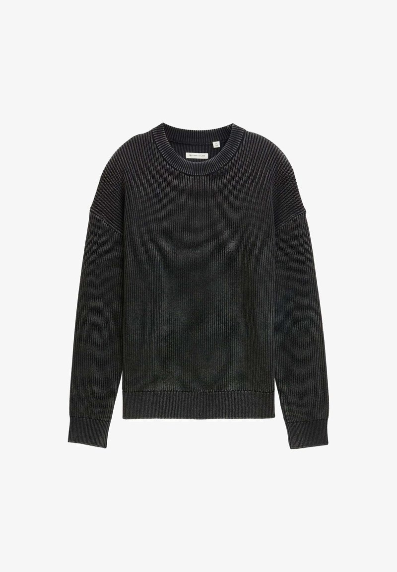 Schwarzer gerippter Strickpullover mit Rundhalsausschnitt, überschnittenen Schultern und langen Ärmeln. Weiche Textur und taillierter Saum.